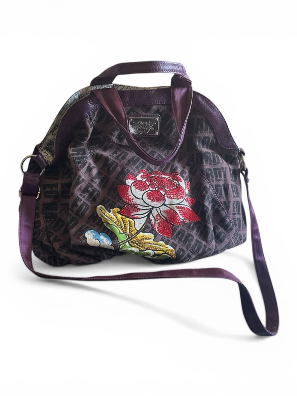 VTG Ed Hardy Lotus Rhinestone Satchel Crossbody Bag Y2K Purple Logo Print